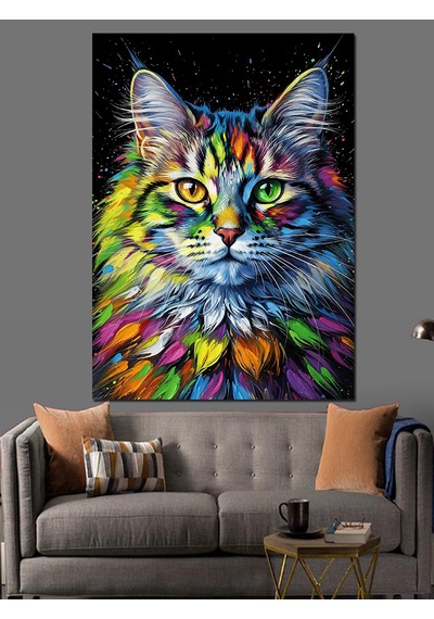 Ahşap Tablo Renkli Saykodelik Kedi Yüzü