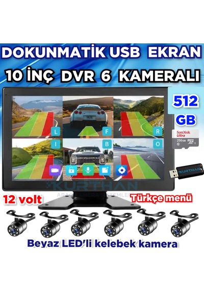 10 İnç 6 Ch 512 Gb Dokunmatik Usb Bsd Dvr Ekran Ahd 720p Rca Beyaz Ledli Kelebek Kamera 12 Volt