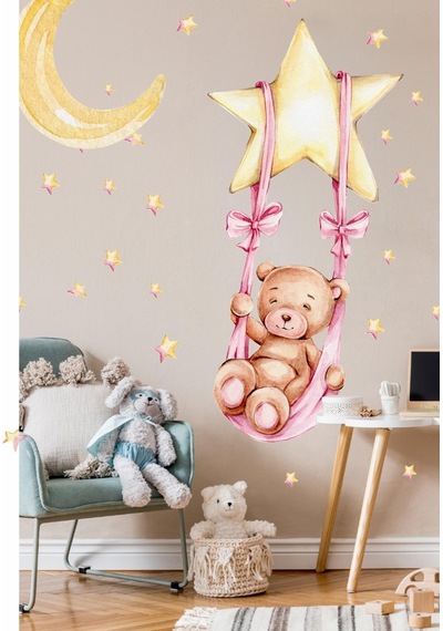 MSticker Yıldızda Sallanan Ayıcık Ay Ve Yıldızlar Çocuk Bebek Odası Sticker Seti
