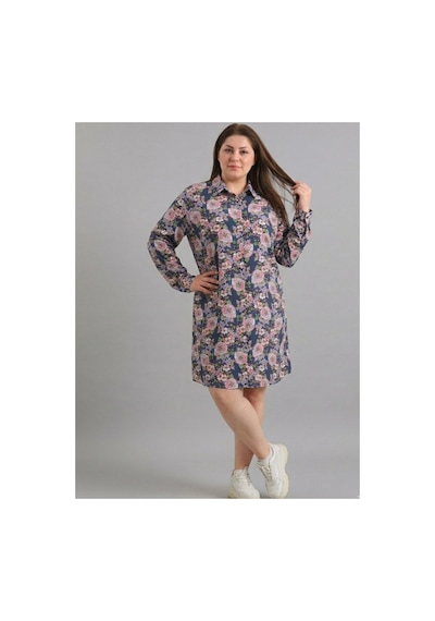Polologin Butik Büyük Beden Lacivert Floral Desenli Gömlek Elbise - Pembe Çiçek Detaylı Lacivert Polologin Butik Büyük Beden Lacivert Floral Desenli Gömlek Elbise - Pembe Çiçek Detaylı Lacivert