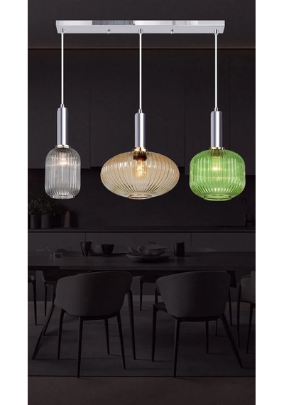 Rustik Modern Renkli Camlı Yemek Masası Avize 5762-v91-1r-jy-3r-yma3 Krom