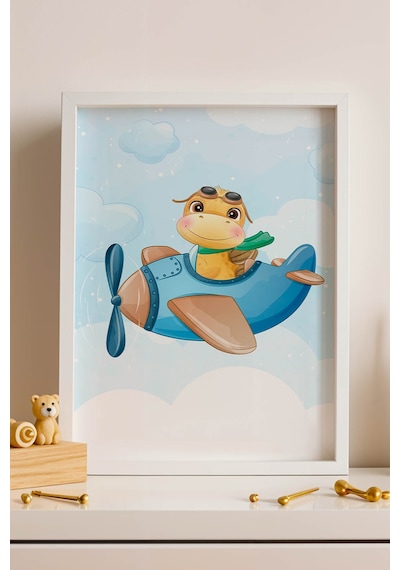 Sevimli Sarı Dinozor Pilot Çerçeveli Tablo - Çocuk Ve Bebek Odası İçin Modern Duvar Dekoru Beyaz