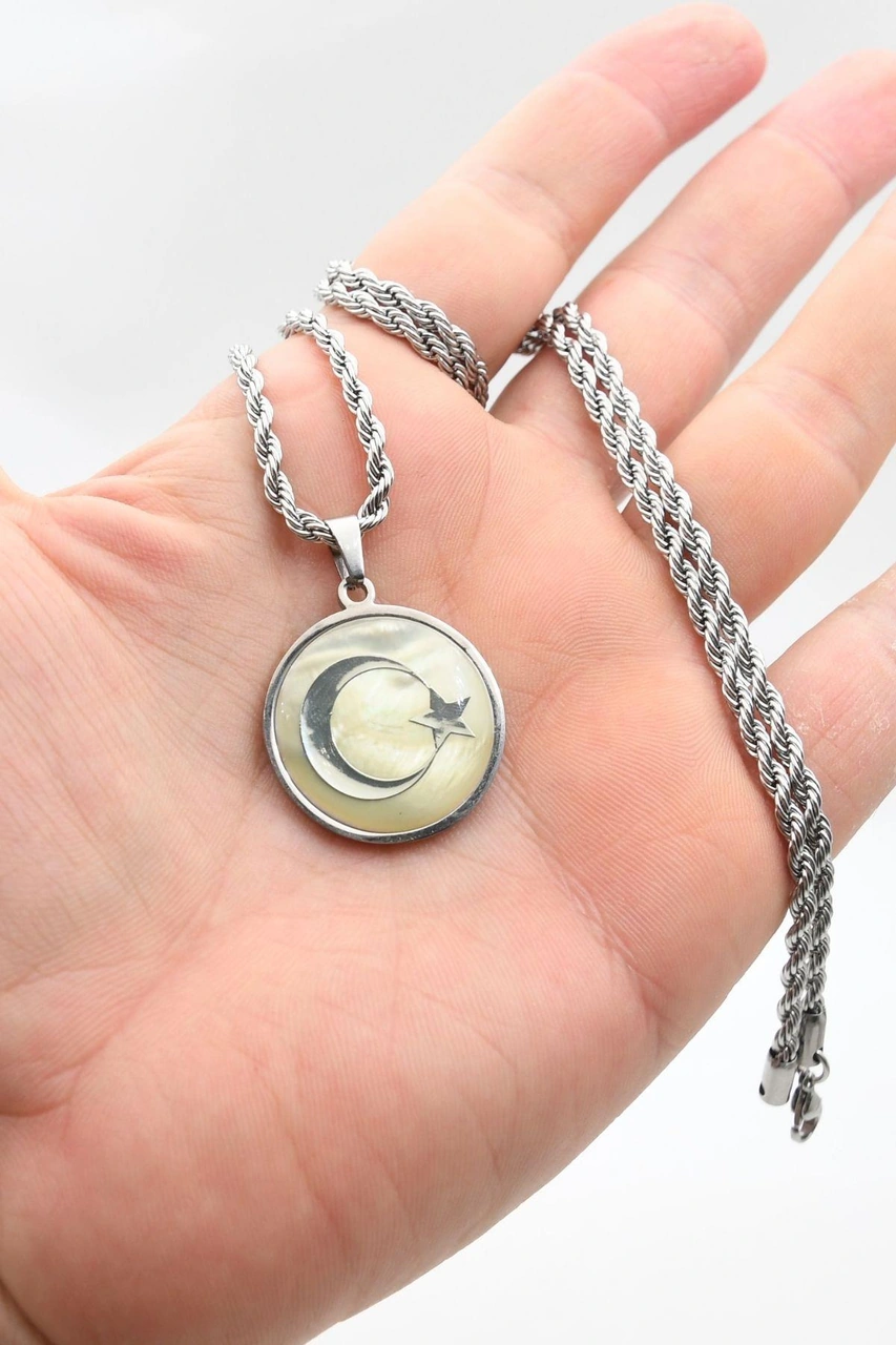 Ay Yıldızlı - Ay Yıldız Kolye Paslanmaz Çelik Zincir 3mm 902303 Gümüş