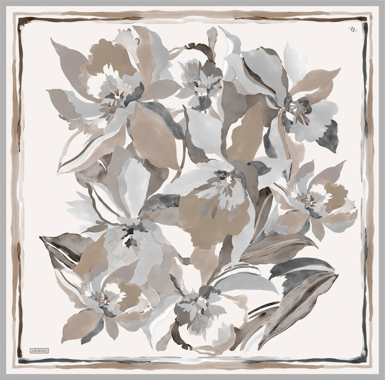 Armine Çiçek Desenli Saf İpek Twill Eşarp 9340d 86 BEj