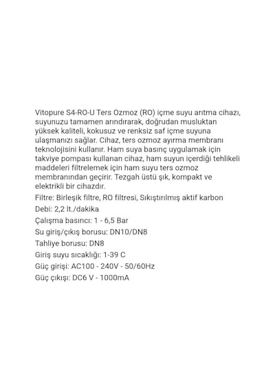 Viessmann Vitopure S4-ro-u Tersozmoz Ro Tezgahüstü İçme Su Arıtma