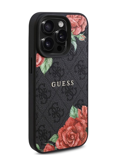 Apple Uyumlu iPhone 15 Pro Kılıf Guess Lisanslı Magsafe Şarj Özellikli Gül Baskılı 4g Desenli Yazı Logolu Siyah