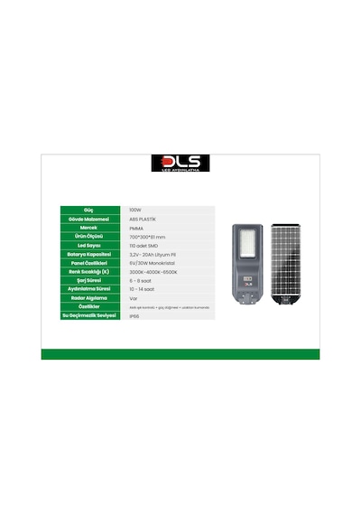 Dls 100w Profesyonel Solar Sokak Armatürü Tüm Gece Aydınlatma Güneş Enerjili Slr-102-100-01