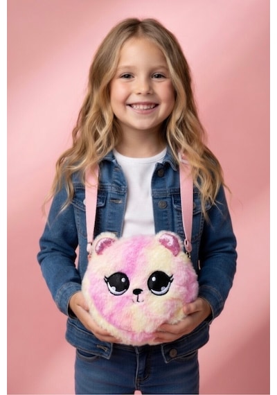 Mollycrush Hediye Kız Çocuk Pembe Ayıcık Figürlü Peluş Çanta Simli Kulaklı Ayarlanabilir Askılı Pembe
