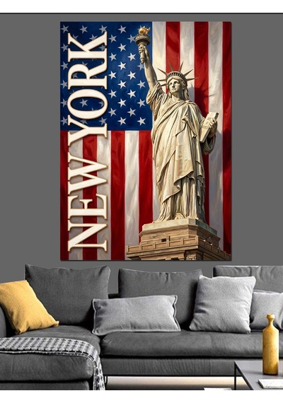 New York Özgürlük Anıtı Ve Bayrak Dekoratif Kanvas - Mdf Ahşap Tablo