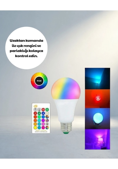 Uzaktan Kumandalı Rgb Led Ampul E27 15 Watt Renkli Işık .