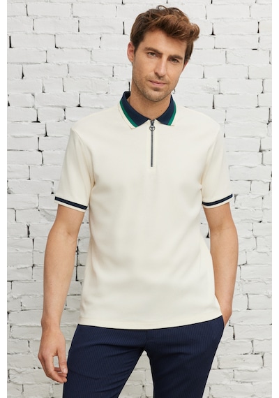 AC&Co / Altınyıldız Classics  Erkek Ekru Lacı Regular Fit Geniş Kesim Polo Yaka Tişört Ekru - Lacivert
