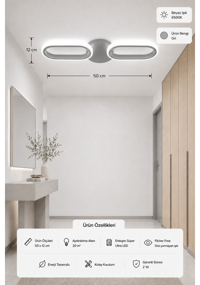 Hilton 2'li Led Plafonyer Avize Beyaz Işık Gri