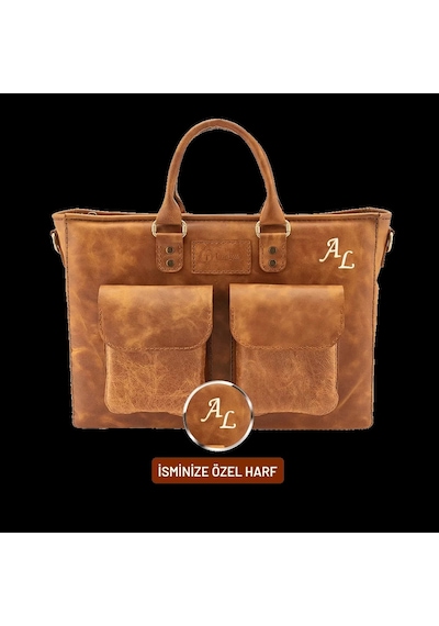 Twingold İsme Özel Askılı Cepli Evrak - Laptop Çantası - %100 Rainbow Deri - Ac09002 - Camel Camel