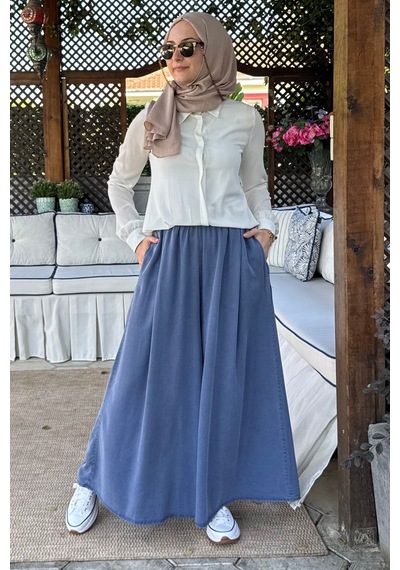 Rabia Şamlı Vera Etekli Pantolon Mavi Normal