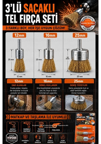 Tel Fırça Seti 3'lü Matkap Uyumlu Tel Fırça Aparatı 12mm 16mm 25mm Pas Boya Oksit Kaynak Temizleme F