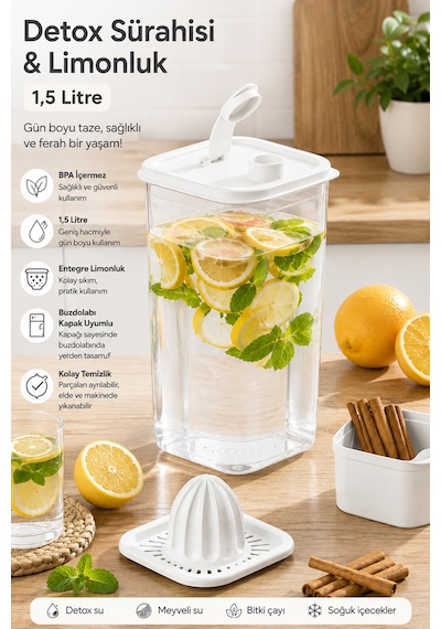 Porsima 06-1109 Detoks Sürahi & Limonluk Şeffaf 1,5 L - Beyaz