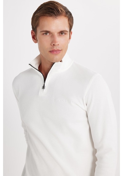 Tudors Erkek Slim Fit Dar Kesim Pamuklu Yarım Fermuarlı Dik Yaka Beyaz Sweatshirt-35784 Beyaz