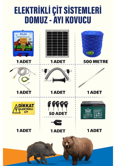 500mt 1-5 Dönüm Ayı Kovucu Elektrikli Çit Sistemi Kapı Yaylı 14a Akü Ve 25w Güneş Panelli