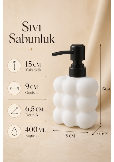 Modern Bubble Sıvı Sabunluk 400 Ml Siyah Pompalı Kabarcık Desenli Banyo Ve Mutfak Tezgâh Üstü Dispenser - 15 Cm X 9 Cm X 6,5 Cm Beyaz