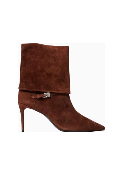 Black Suede Studio Simone 80 Kahverengi Süet Yan Tokalı Sivri Burun, 80mm Ince Topuklu Ankle Bot