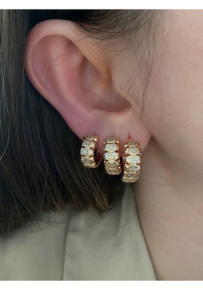 Pinery Jewels Zirkon Taşlı Halka 3'lü Altın Kaplama Kadın Küpe Seti Altın