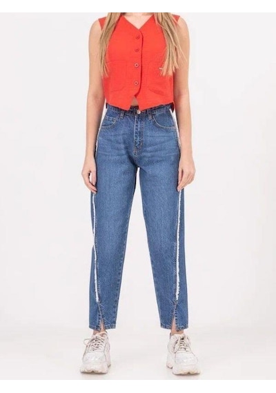 Zekids Kız Çocuk Ara Püsküllü Denim Mom Jean Pantolon-13787-mavi Mavi