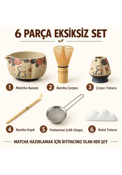 Valkyrie Kedili 6 Parça Matcha Seti Chasen Çırpıcı Chawan Kase Chashaku Kaşık Stand Ve Süzgeç Krem