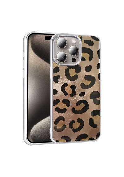 Apple     Uyumlu iPhone 15 Pro Kılıf Desenli Zore Mep Kapak Gold Leopar