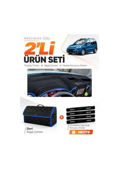 E-biz Citroen Berlingo Üst Çukurlu Kapaksız 2015-2020 Torpido + Deri Çanta - Siyah-mavi - Cı016