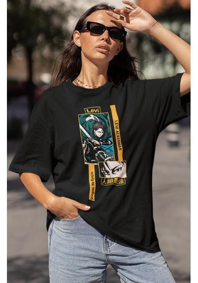 Levi Ackerman Shingeki No Kyojin Baskılı Unisex Oversize Attack O Siyah
