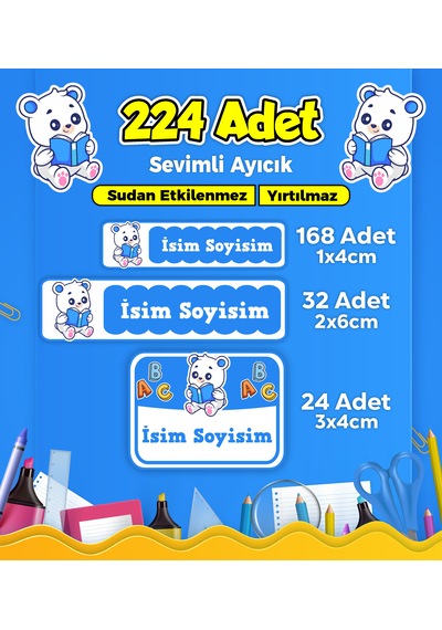 Sevimli Ayıcık Temalı Okul Kreş Kişiye Özel İsim Etiket Seti - Model 183 Çok Renkli