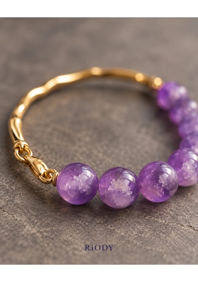 Riody Onde Violette Mor Yuvarlak Boncuklu Gold Renkli Dalgalı Metal Detaylı Zarif Kadın Bileklik Açık Mor