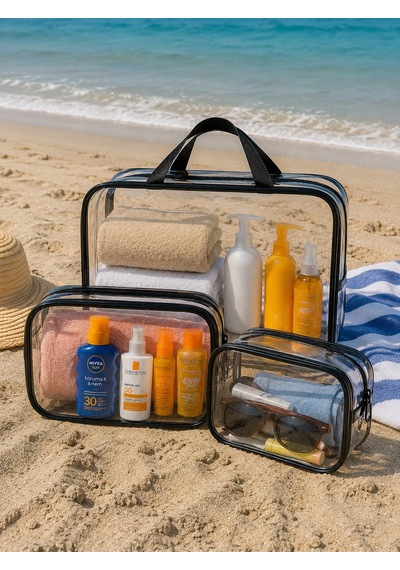 Modalarge Büyük Boy Şeffaf Plaj Çantası 3lü Set Islak Bikini Çantası