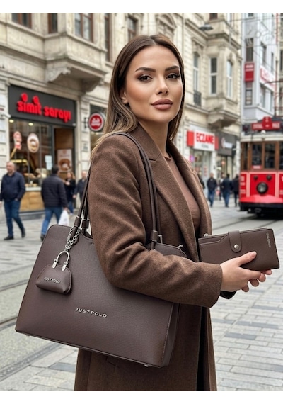 Just Polo Kadın Büyük Boy Premium Gümüş Logolu El Çantası Ve Cüzdanı Kombin Tote Bag Ebat : 22 X 34 Cm Kahverengi