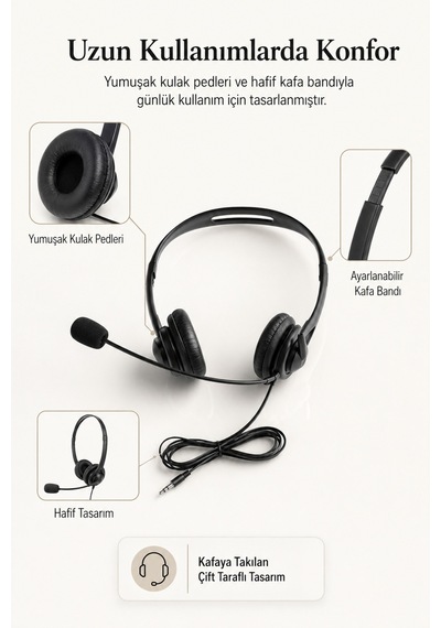 Mikrofonlu Kablolu Bilgisayar Kulaklığı 3,5 Mm Jack Ve Çıkarılabilir Usb Adaptörlü, Çift Kulaklı, Ayarlanabilir Ofis Ve Eğitim Kulaklığı Siyah