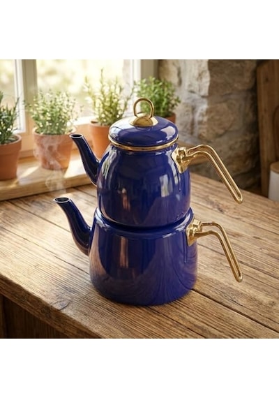 İçten Kaplamalı Emaye Çaydanlık Takımı - Gold Detaylı Nostaljik Alt Üst Çay Seti 1.2 Litre + 2 Litre - 3 Renk Seçeneği Mavi