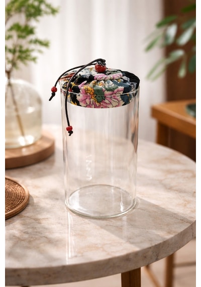 Makri Home 650 Ml Borosilikat Cam Hava Geçirmez Siyah Kumaş Kaplama Bambu Kapaklı Kavanoz, Çap: 8 Cm, H: 18 Cm Siyah