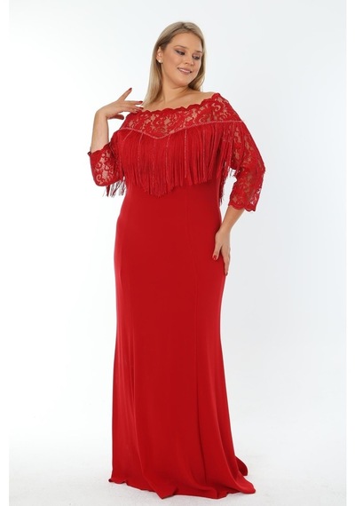 Ladies First Büyük Beden 3154 Kırmızı Uzun Abiye Elbise