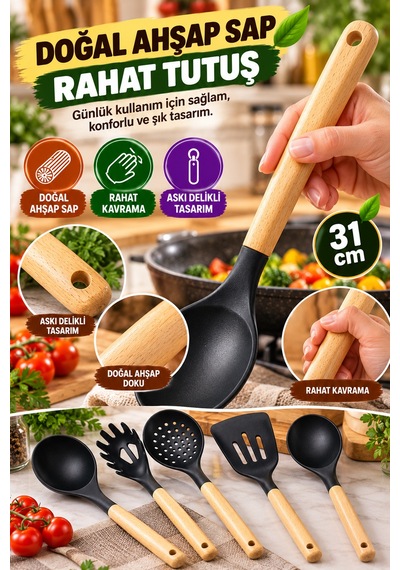 5'li Mutfak Servis Seti Ahşap Saplı 31 Cm Kepçe Kevgir Spatula Makarna Ve Servis Kaşığı Mutfak Seti