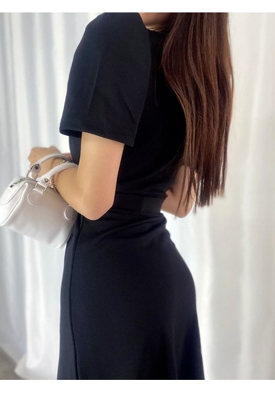Dogutrend Kadın Kruvaze Yaka Midi Boy Kuşaklı Krep Elbise 120 Cm Siyah