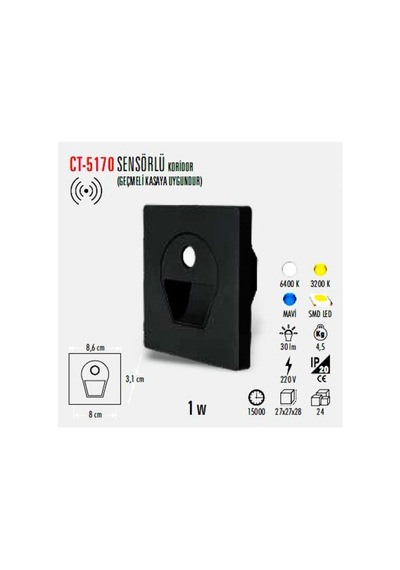 Ct-5170 1 Watt Siyah Kasa Sensörlü Koridör Armatürü Beyaz