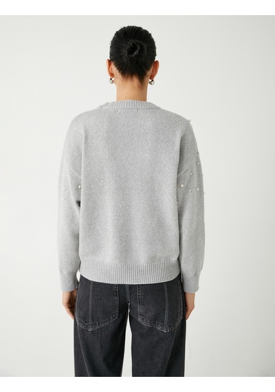 Koton İncili Oversize Triko Kazak Yumuşak Dokulu Uzun Kollu Gri 5wak90310ht Gri