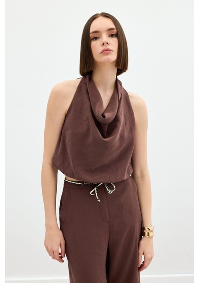 Sateen Degaje Yaka Bluz - Kahve Kahve