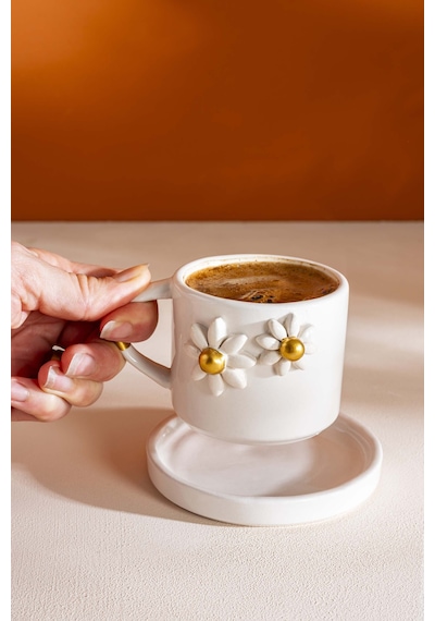Rivaistanbul Gold Papatya Amore El Yapımı Seramik Double Kahve Fincanı Mug Kupa Krem