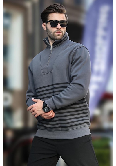 Madmext Füme Fermuar Yakalı Çizgili Sweatshirt 7056-füme Füme