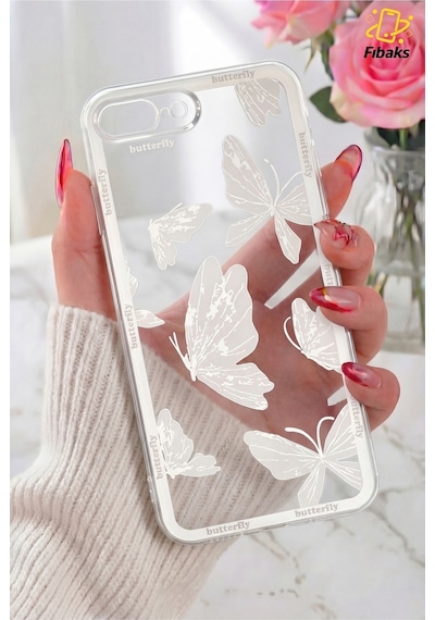 Fibaks iPhone 7 Plus/8 Plus Uyumlu Kılıf Tasarımlı Desenli Kamera Korumalı Şeffaf Kelebek Esnek Yumuşak Silikon