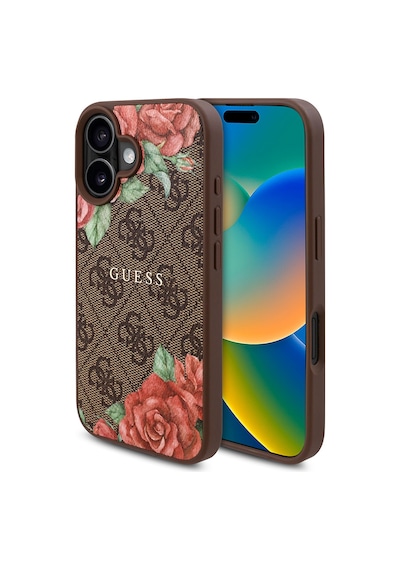 Apple Uyumlu iPhone 16 Plus Kılıf Guess Lisanslı Magsafe Şarj Özellikli Gül Baskılı Yazı Logolu Kapak Kahverengi