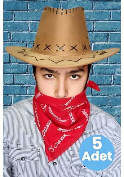 Uniquetrenders Çocuk Unisex Bandanalı 5'li Nubuk Kovboy Şapkası 8-14 Yaş Cappuccino 5