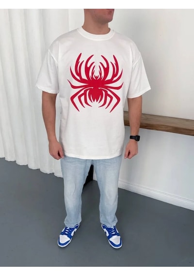 Efnaz Style Erkek Örümcek Baskılı Tişört Kısa Kollu Bisiklet Yaka T-shirt - Beyaz