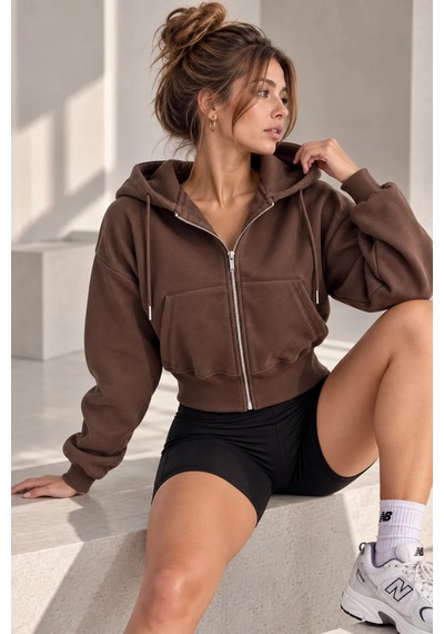 Bb Butik Basic Kapüşonlu Fermuarlı Kısa Kadın Sweatshirt Günlük Basic Model My3535 Kahverengi